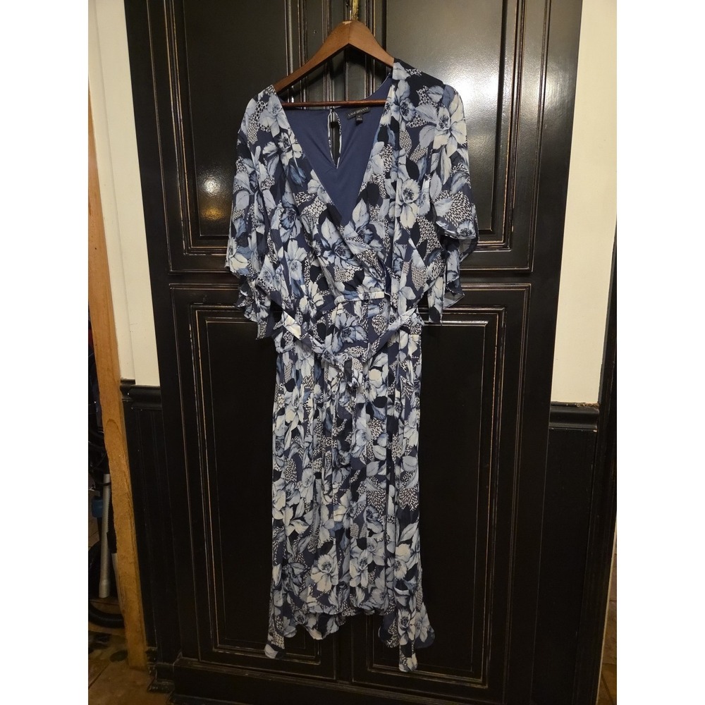 Lane Bryant 26 Blue Floral Chiffon Faux Wrap Midi Dress, Flutter Sleeves ,...